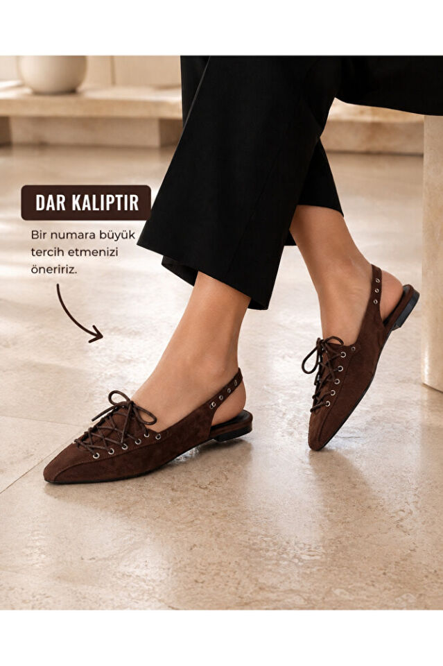Kadın Süet Bağcıklı Slingback Babet Sivri Burun Arkası Açık Günlük Ayakkabı