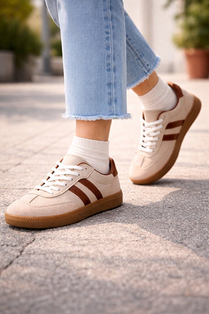 retro sneaker spor ayakkabı kadın günlükB75806 Renkli Rahat Hafif Günlük Yürüyüş Ayakkabısı Bej Taba Kahverengi - 39