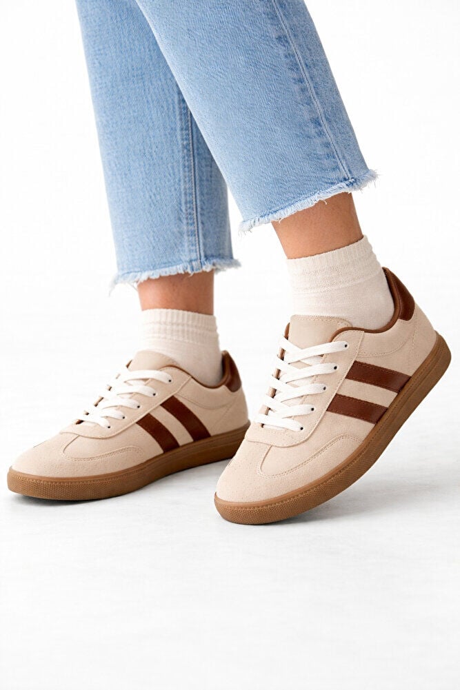 retro sneaker spor ayakkabı kadın günlükB75806 Renkli Rahat Hafif Günlük Yürüyüş Ayakkabısı Bej Taba Kahverengi - 39