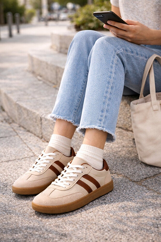 retro sneaker spor ayakkabı kadın günlükB75806 Renkli Rahat Hafif Günlük Yürüyüş Ayakkabısı Bej Taba Kahverengi - 39
