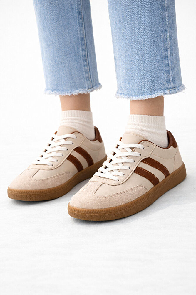 retro sneaker spor ayakkabı kadın günlükB75806 Renkli Rahat Hafif Günlük Yürüyüş Ayakkabısı Bej Taba Kahverengi - 39
